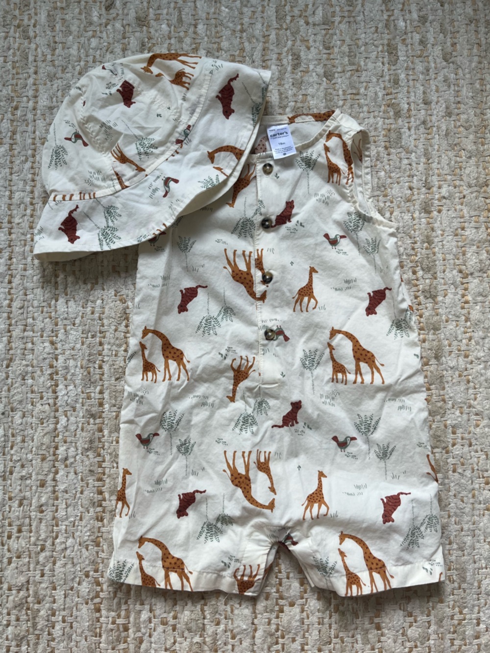 Carter's Cream Animal Print Romper With Matching Sun Hat